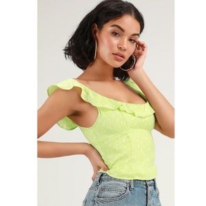 Lime Green Floral Print Satin Ruffled Top